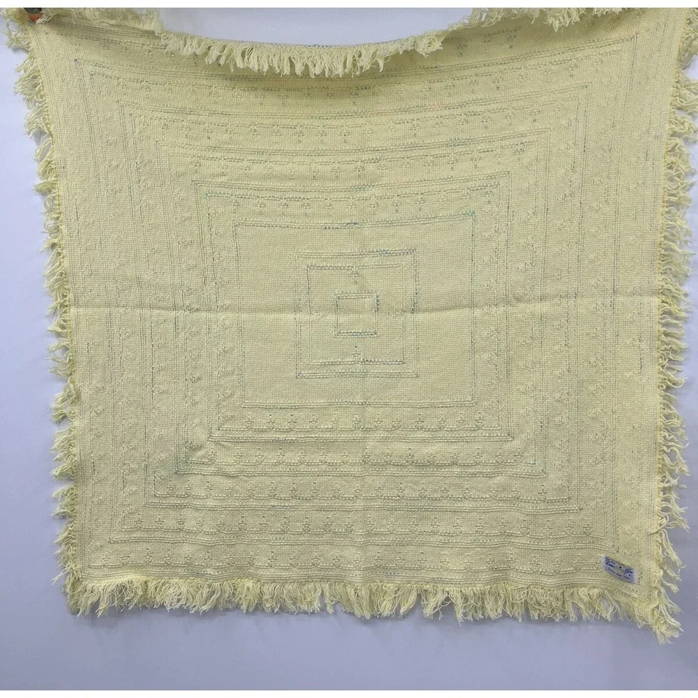 Vintage Baby Blanket Hand Woven Butter Yellow Pastel Fringed 33